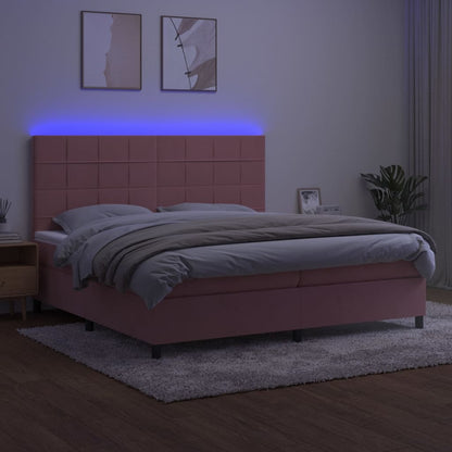 Boxspring Met Matras En Led Fluweel Roze 200 x 200 cm Blok met vierkanten