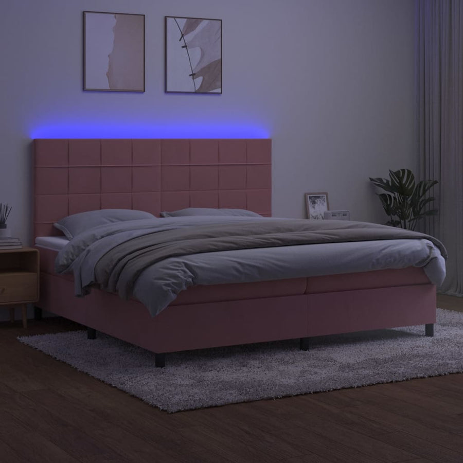 Boxspring Met Matras En Led Fluweel Roze 200 x 200 cm Blok met vierkanten