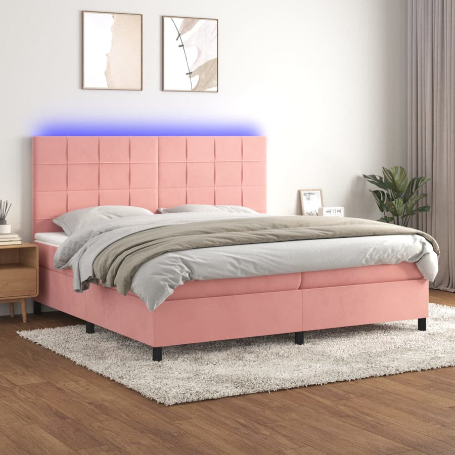 Boxspring Met Matras En Led Fluweel Roze 200 x 200 cm Blok met vierkanten