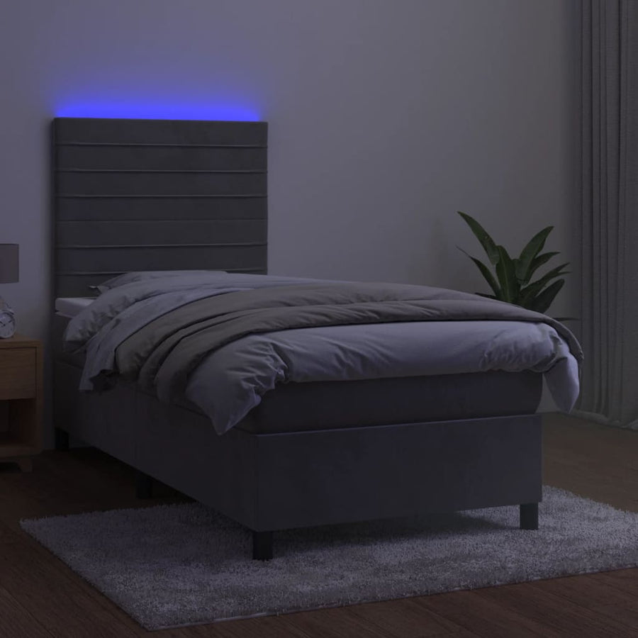 Boxspring Met Matras En Led Fluweel Lichtgrijs 80 x 200 cm Horizontale strepen