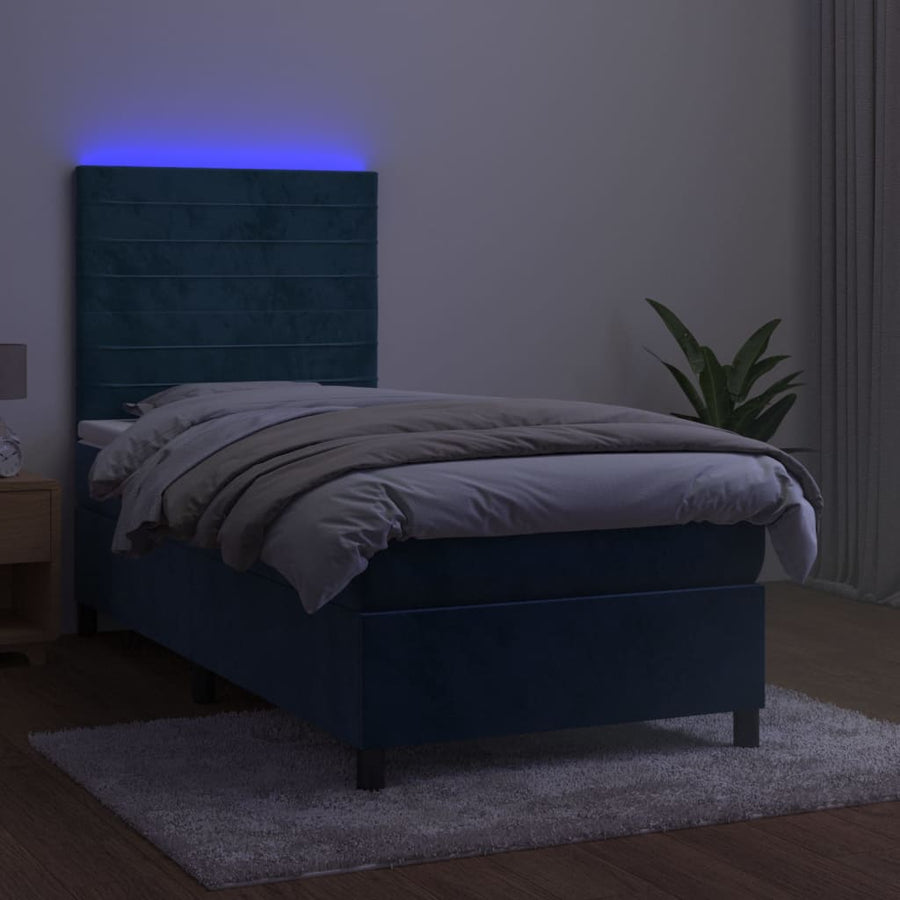 Boxspring Met Matras En Led Fluweel Donkerblauw 90 x 190 cm Horizontale strepen