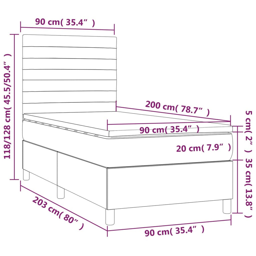 Boxspring Met Matras En Led Fluweel Lichtgrijs 90 x 200 cm Horizontale strepen