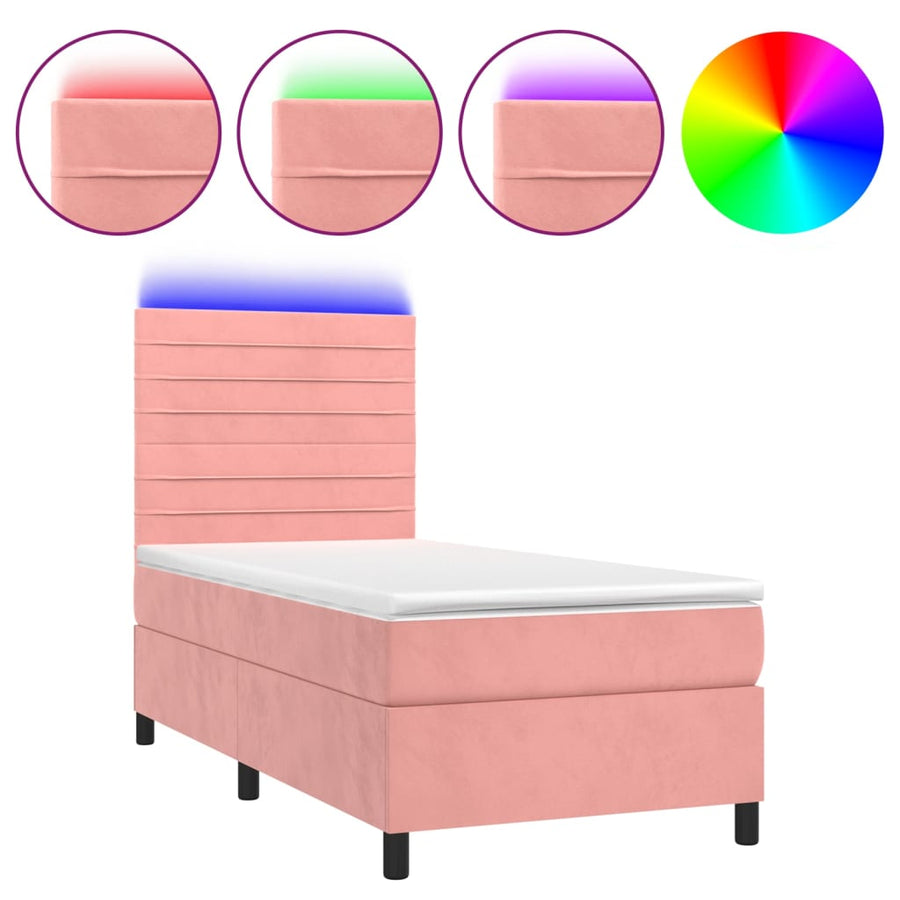Boxspring Met Matras En Led Fluweel Roze 90 x 200 cm Horizontale strepen