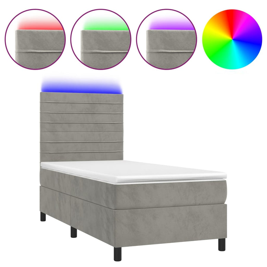 Boxspring Met Matras En Led Fluweel Lichtgrijs 100 x 200 cm Horizontale strepen