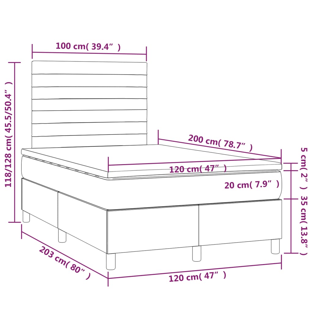 Boxspring Met Matras En Led Fluweel Donkergrijs 120 x 200 cm Horizontale strepen
