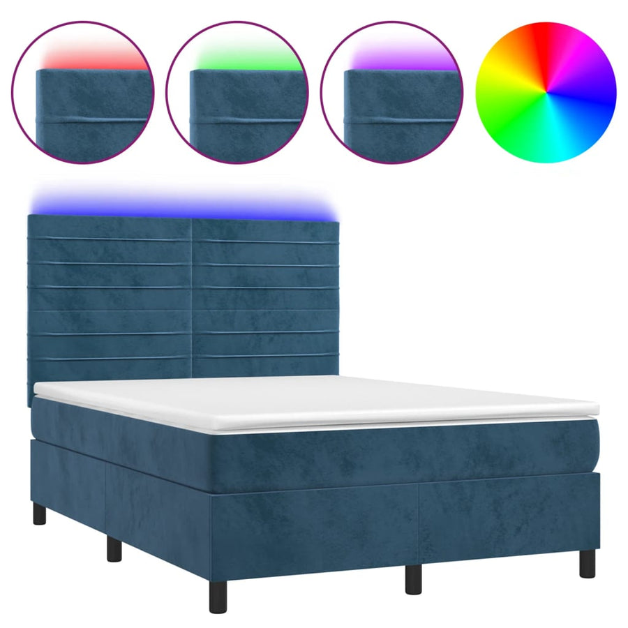 Boxspring Met Matras En Led Fluweel Donkerblauw 140 x 190 cm Horizontale strepen