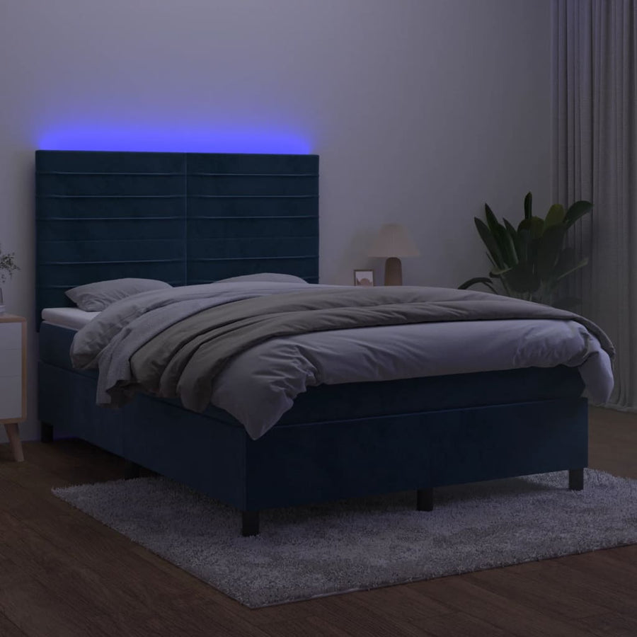 Boxspring Met Matras En Led Fluweel Donkerblauw 140 x 190 cm Horizontale strepen