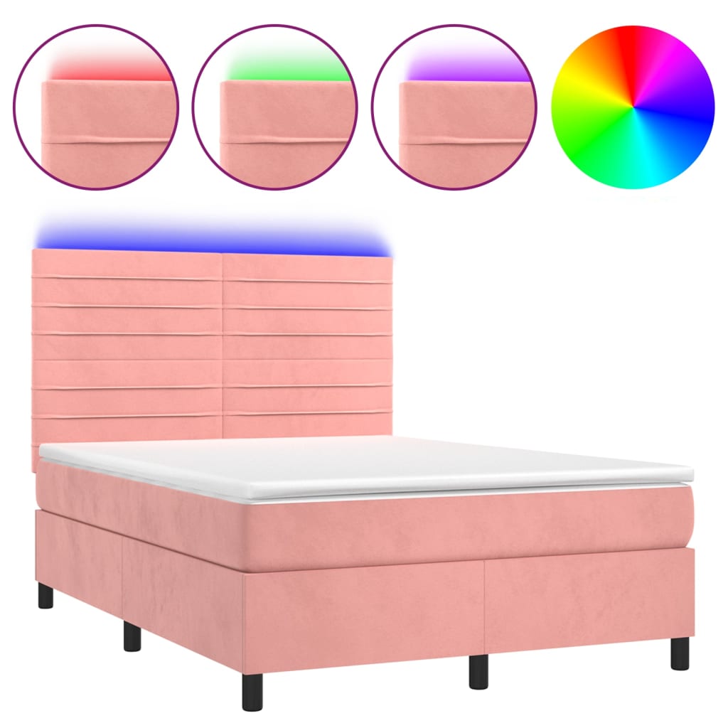Boxspring Met Matras En Led Fluweel Roze 140 x 190 cm Horizontale strepen