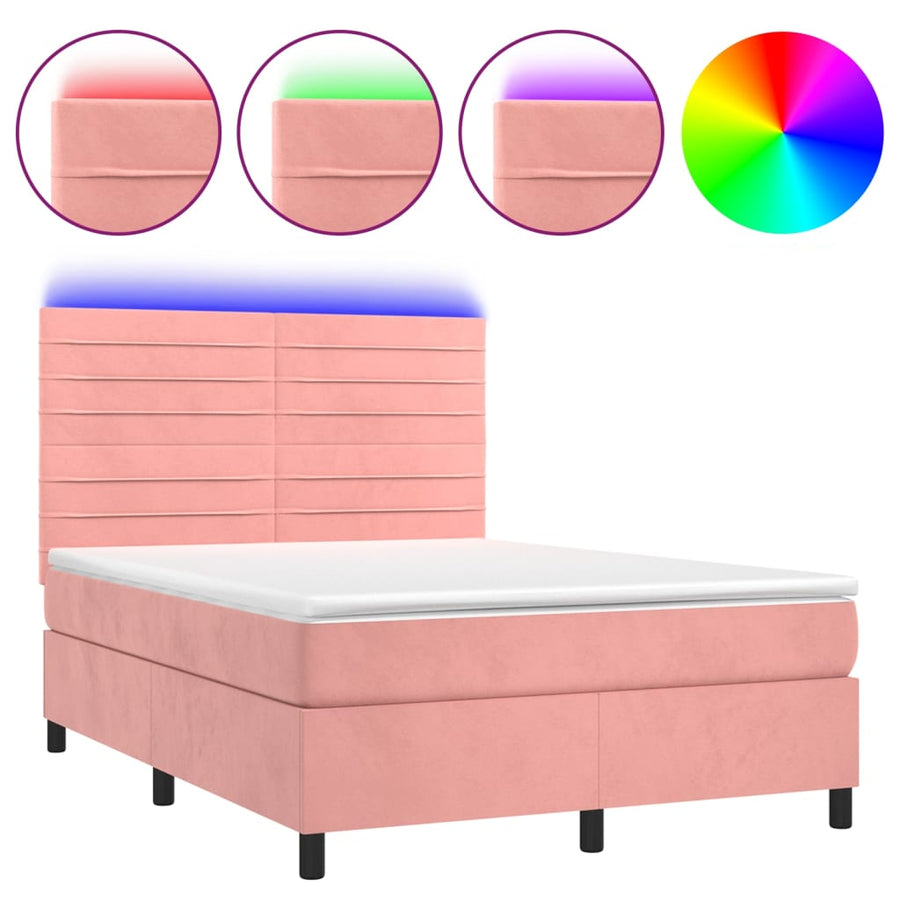 Boxspring Met Matras En Led Fluweel Roze 140 x 190 cm Horizontale strepen