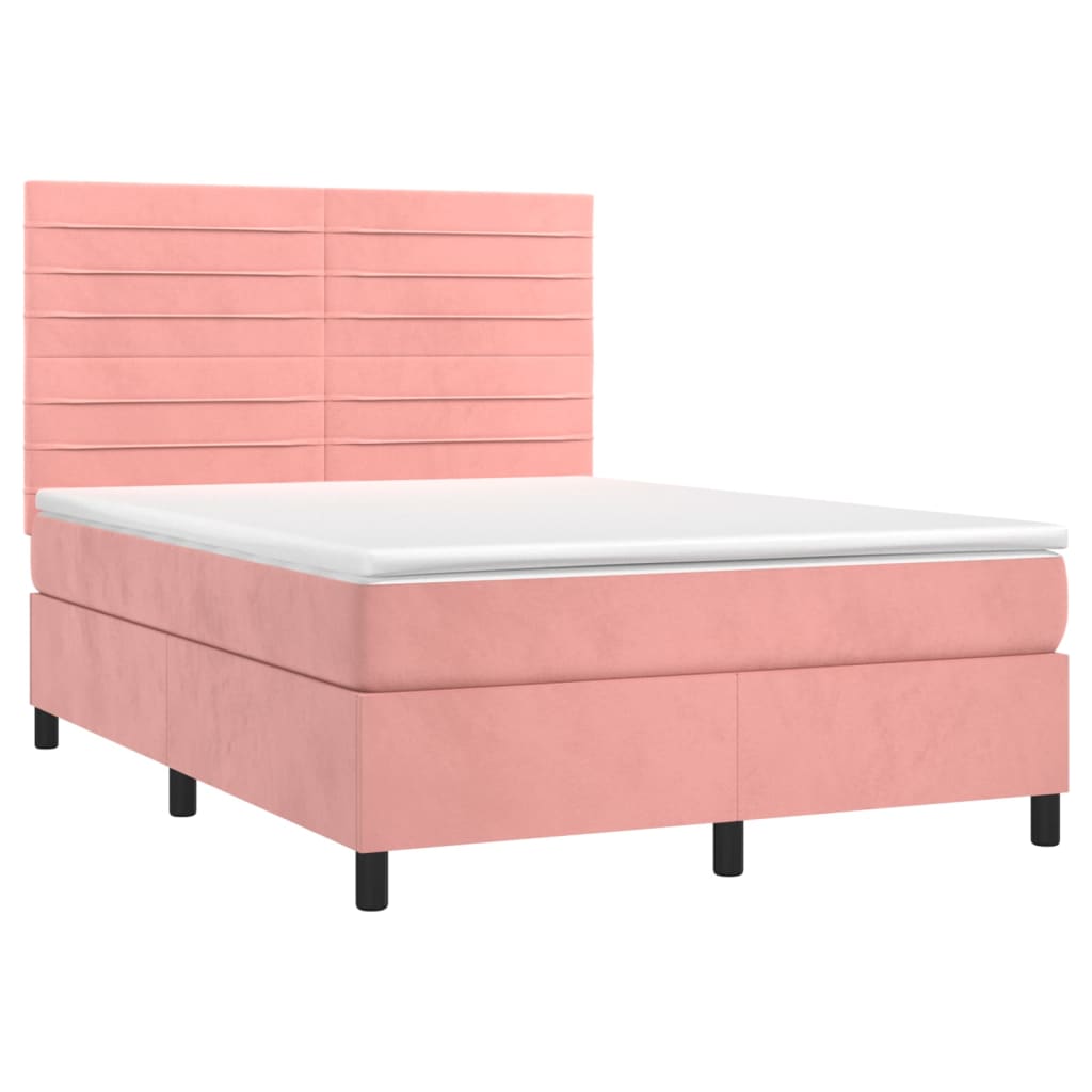 Boxspring Met Matras En Led Fluweel Roze 140 x 190 cm Horizontale strepen