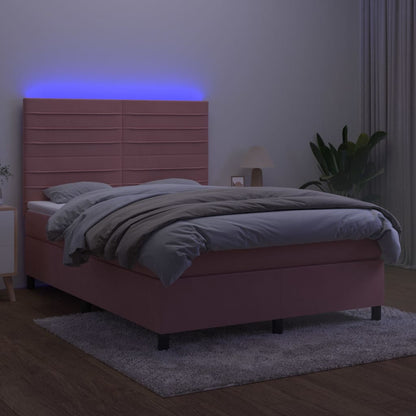 Boxspring Met Matras En Led Fluweel Roze 140 x 190 cm Horizontale strepen