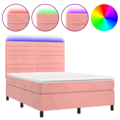 Boxspring Met Matras En Led Fluweel Roze 140X200 Cm Roze 140 x 200 cm Horizontale strepen