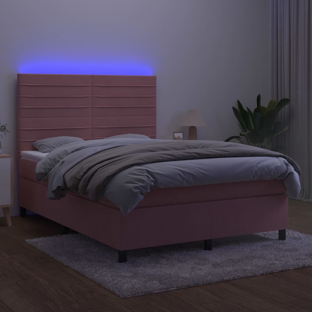 Boxspring Met Matras En Led Fluweel Roze 140X200 Cm Roze 140 x 200 cm Horizontale strepen