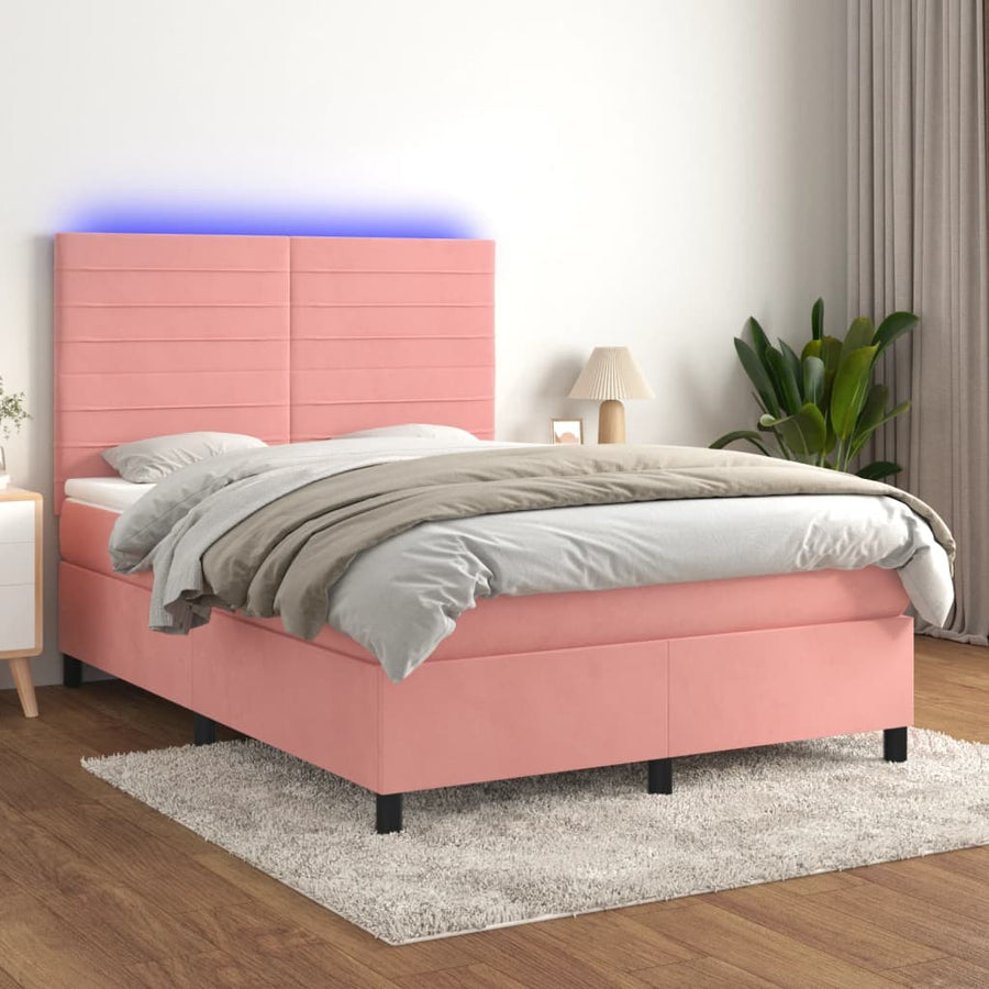 Boxspring Met Matras En Led Fluweel Roze 140X200 Cm Roze 140 x 200 cm Horizontale strepen