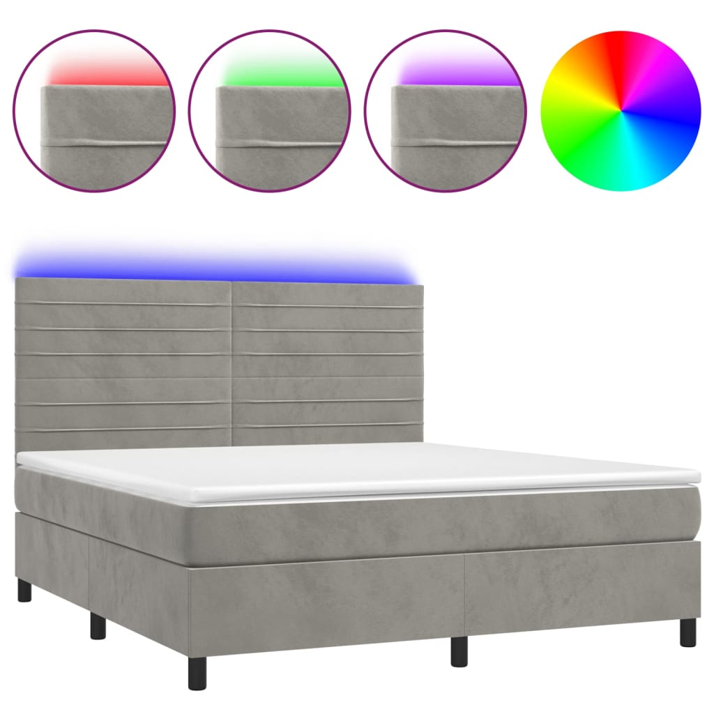 Boxspring Met Matras En Led Fluweel Lichtgrijs 160 x 200 cm Horizontale strepen