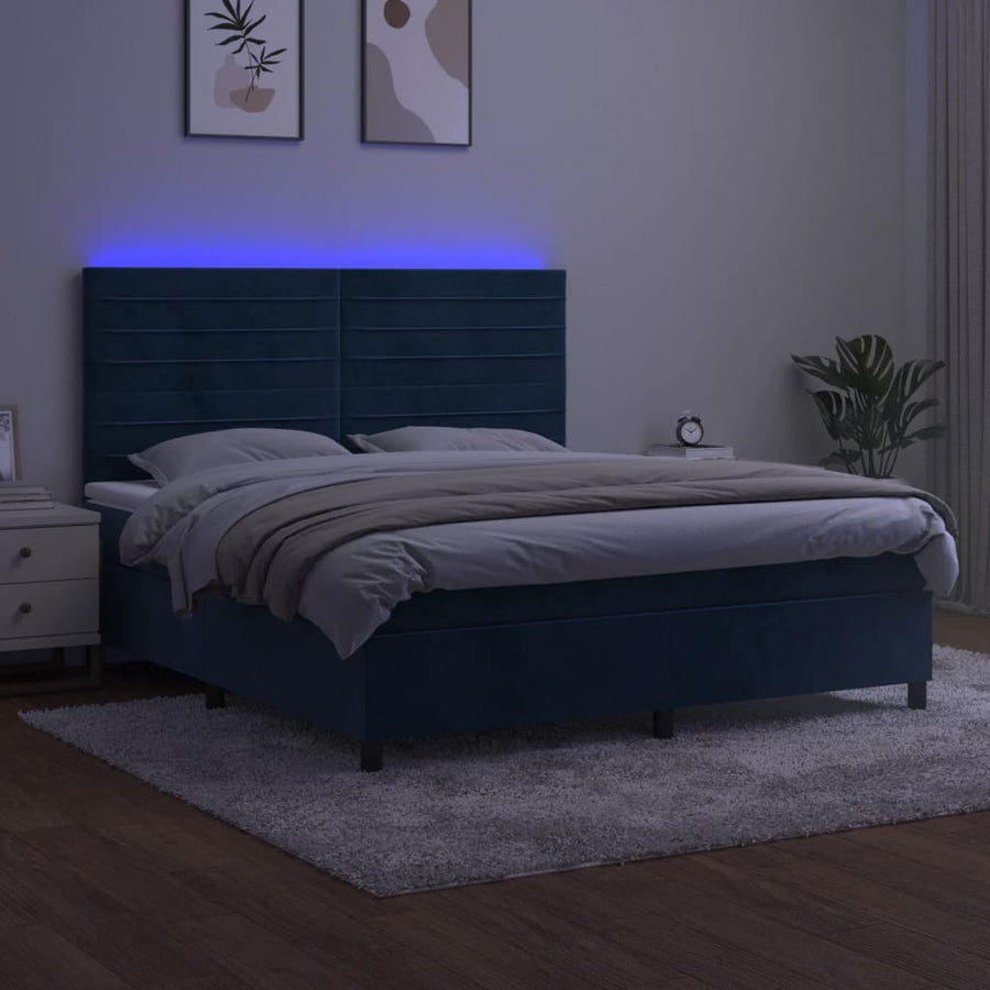 Boxspring Met Matras En Led Fluweel Donkerblauw 160 x 200 cm Horizontale strepen