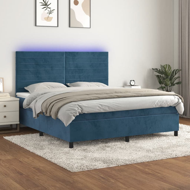 Boxspring Met Matras En Led Fluweel Donkerblauw 160 x 200 cm Horizontale strepen