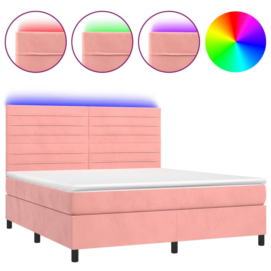 Boxspring Met Matras En Led Fluweel Roze 160 x 200 cm Horizontale strepen