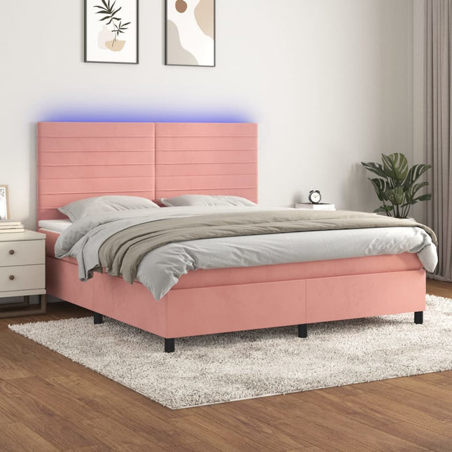 Boxspring Met Matras En Led Fluweel Roze 160 x 200 cm Horizontale strepen