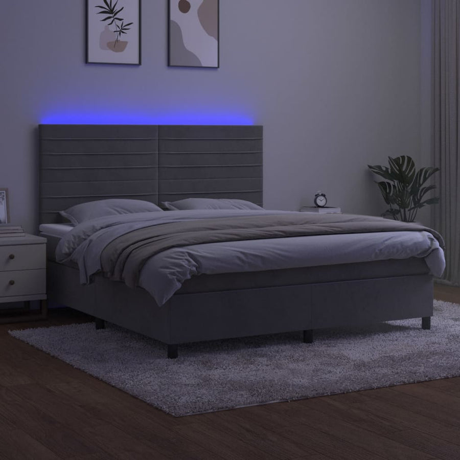 Boxspring Met Matras En Led Fluweel Lichtgrijs 180 x 200 cm Horizontale strepen