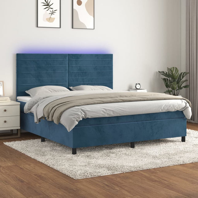 Boxspring Met Matras En Led Fluweel Donkerblauw 180 x 200 cm Horizontale strepen