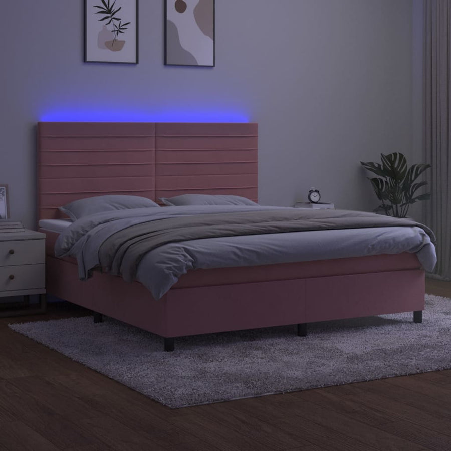 Boxspring Met Matras En Led Fluweel Roze 180 x 200 cm Horizontale strepen