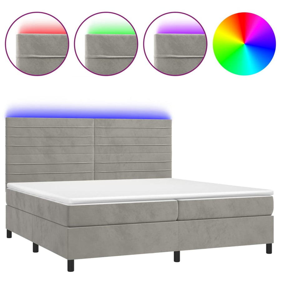 Boxspring Met Matras En Led Fluweel Lichtgrijs 200 x 200 cm Horizontale strepen