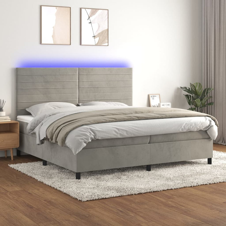 Boxspring Met Matras En Led Fluweel Lichtgrijs 200 x 200 cm Horizontale strepen