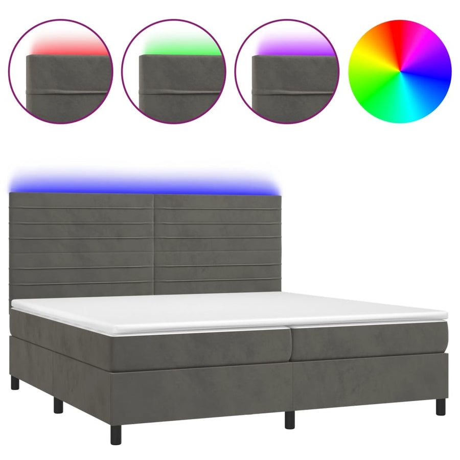 Boxspring Met Matras En Led Fluweel Donkergrijs 200 x 200 cm Horizontale strepen