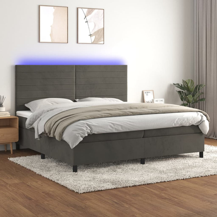 Boxspring Met Matras En Led Fluweel Donkergrijs 200 x 200 cm Horizontale strepen
