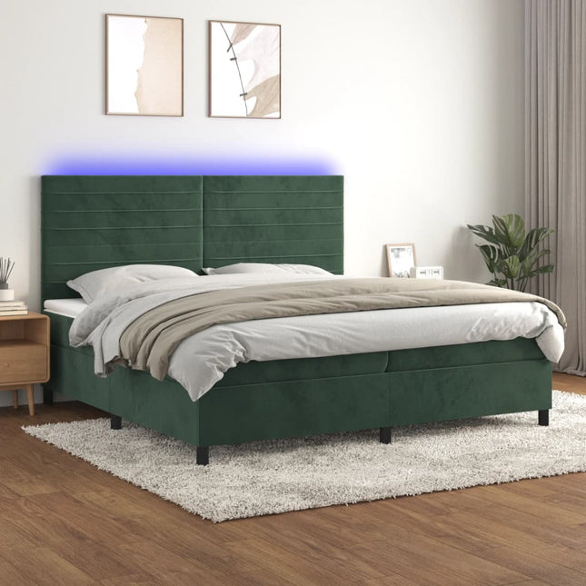 Boxspring met matras en LED fluweel donkergroen 200x200 cm 200 x 200 cm Horizontale strepen