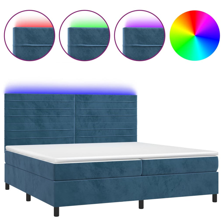 Boxspring Met Matras En Led Fluweel Donkerblauw 200 x 200 cm Horizontale strepen
