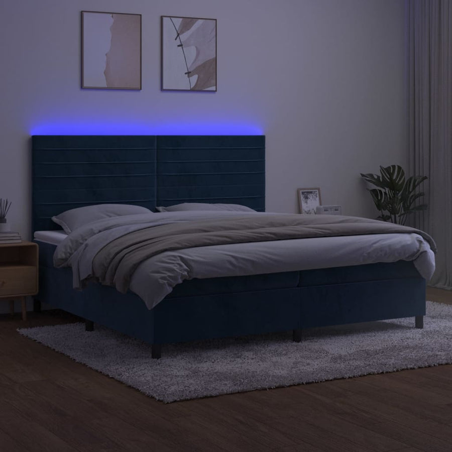 Boxspring Met Matras En Led Fluweel Donkerblauw 200 x 200 cm Horizontale strepen