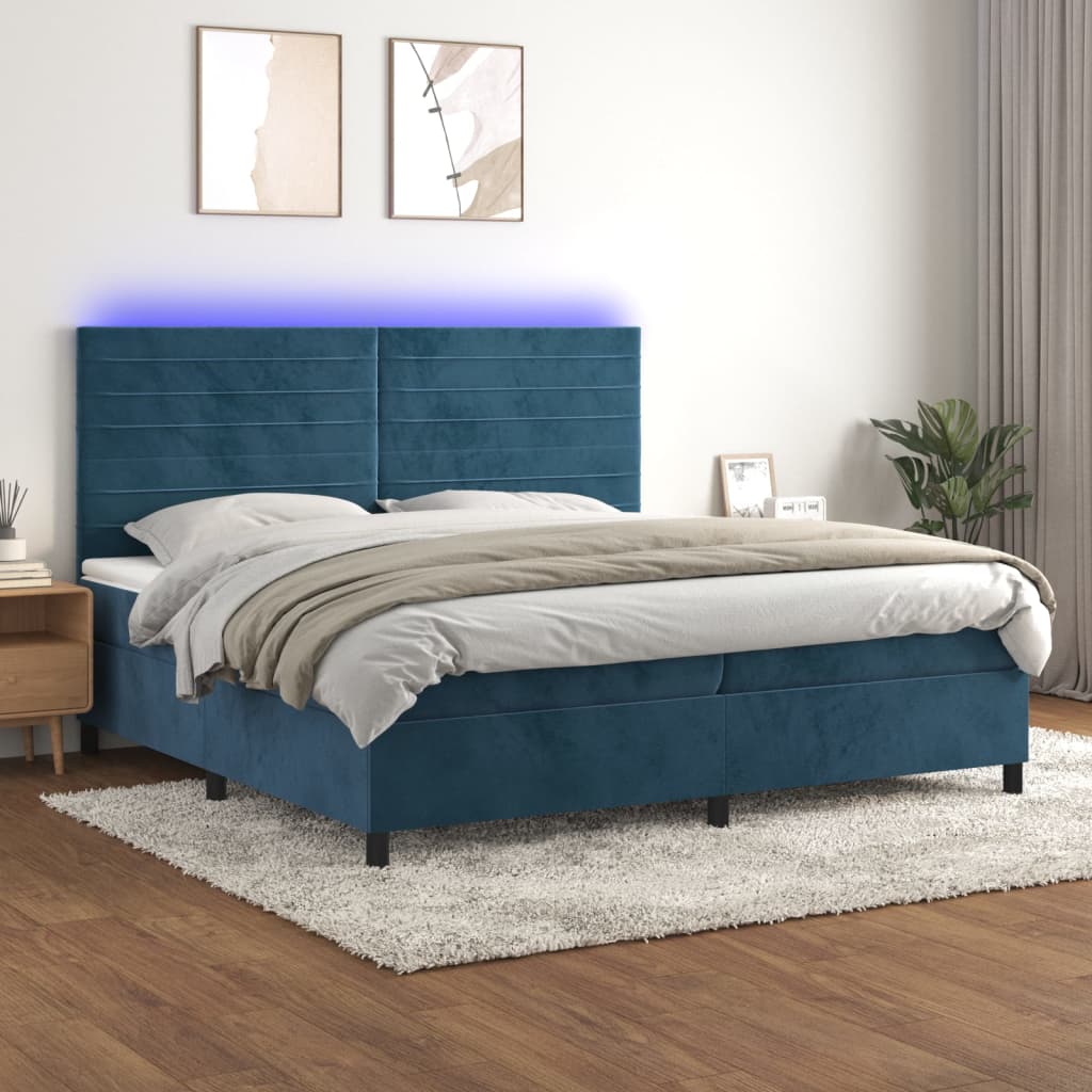 Boxspring Met Matras En Led Fluweel Donkerblauw 200 x 200 cm Horizontale strepen
