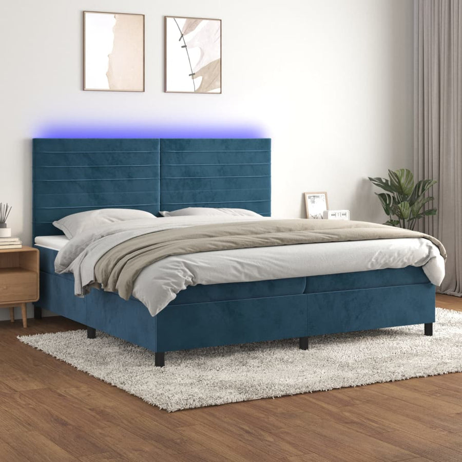 Boxspring Met Matras En Led Fluweel Donkerblauw 200 x 200 cm Horizontale strepen