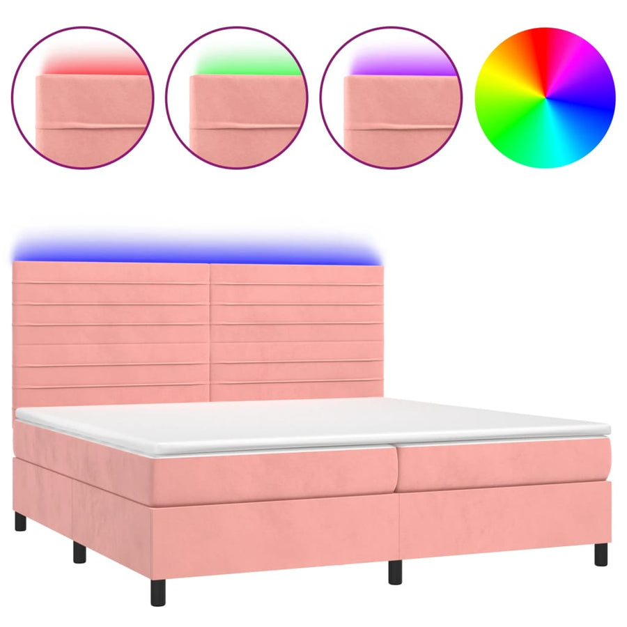 Boxspring Met Matras En Led Fluweel Roze 200 x 200 cm Horizontale strepen
