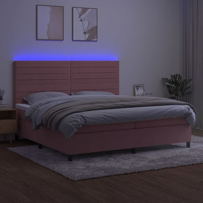 Boxspring Met Matras En Led Fluweel Roze 200 x 200 cm Horizontale strepen