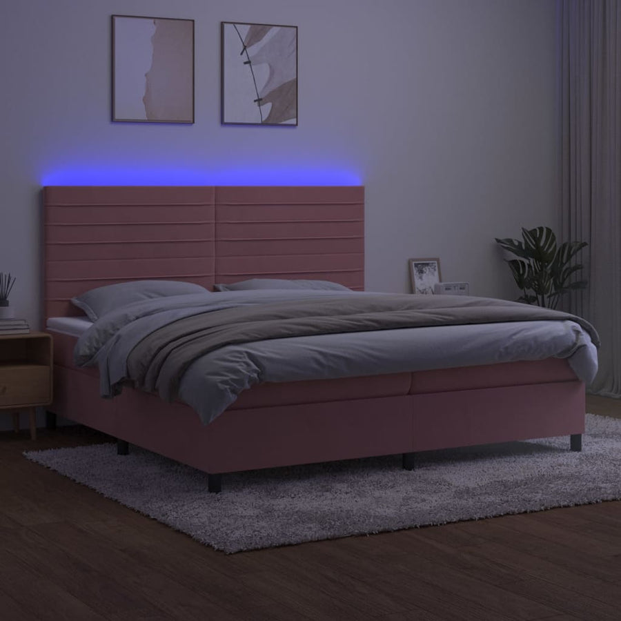 Boxspring Met Matras En Led Fluweel Roze 200 x 200 cm Horizontale strepen