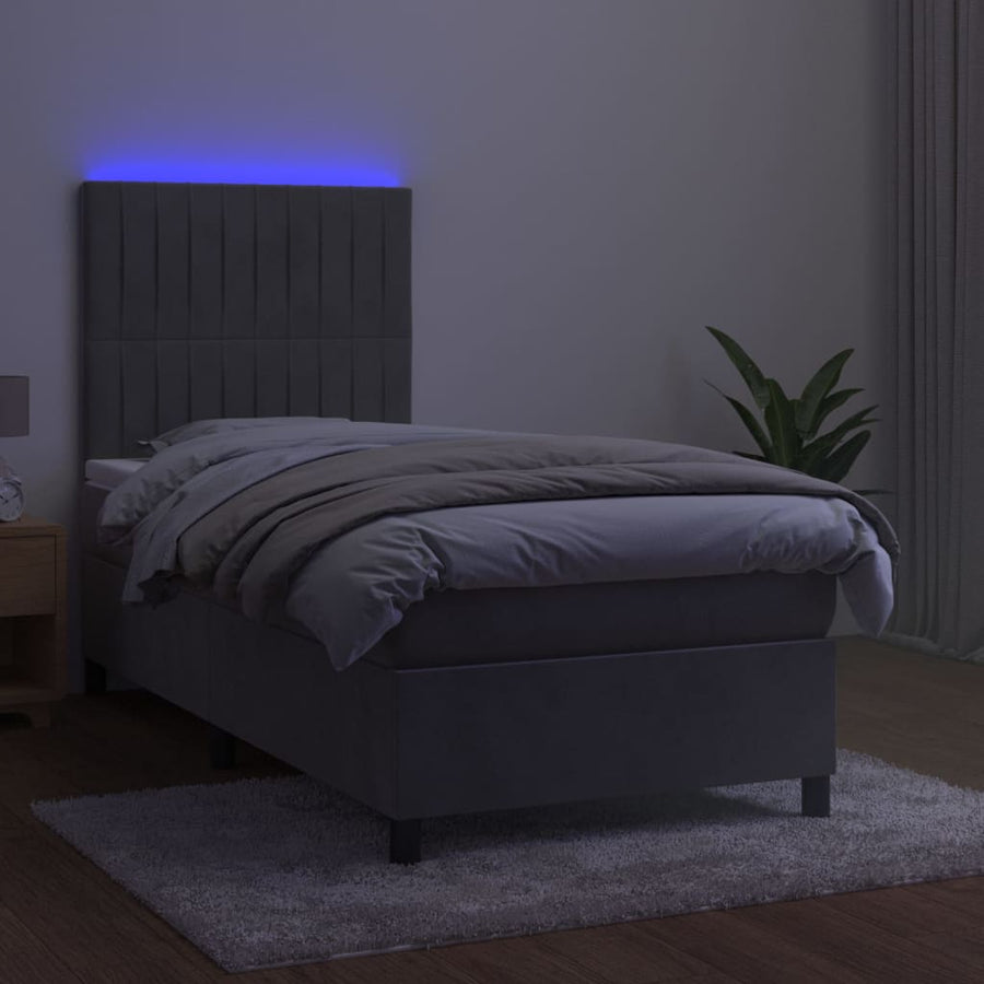 Boxspring Met Matras En Led Fluweel Lichtgrijs 80 x 200 cm Verticale strepen
