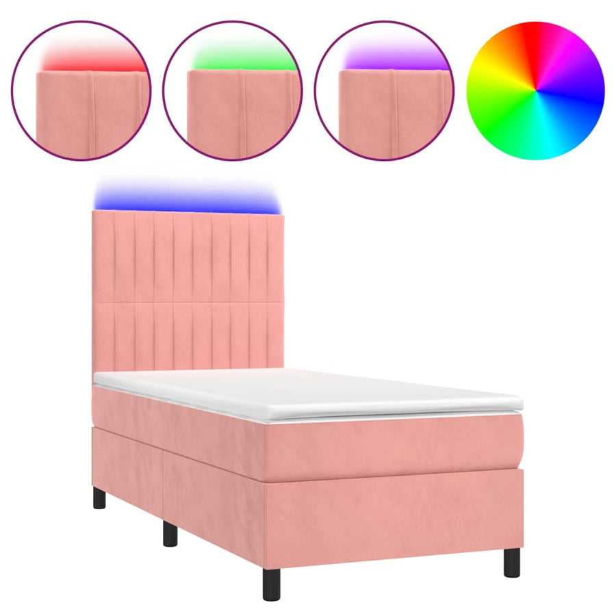 Boxspring Met Matras En Led Fluweel Roze 90 x 190 cm Verticale strepen