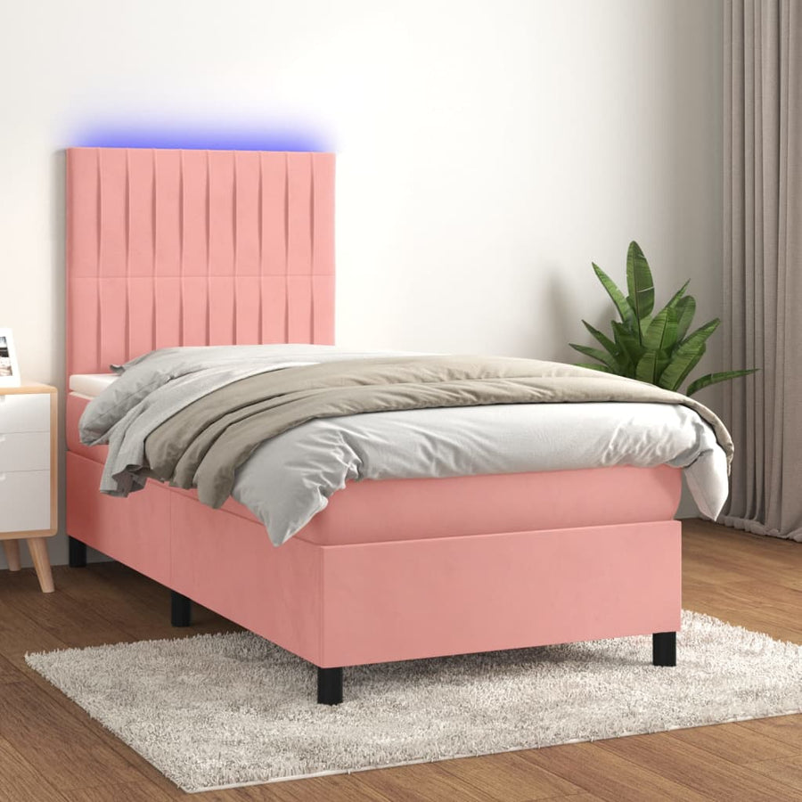Boxspring Met Matras En Led Fluweel Roze 90 x 190 cm Verticale strepen