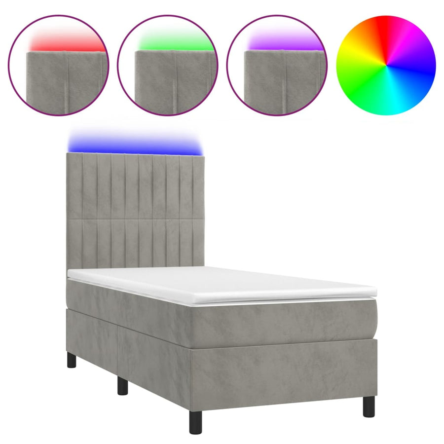 Boxspring Met Matras En Led Fluweel Lichtgrijs 100 x 200 cm Verticale strepen