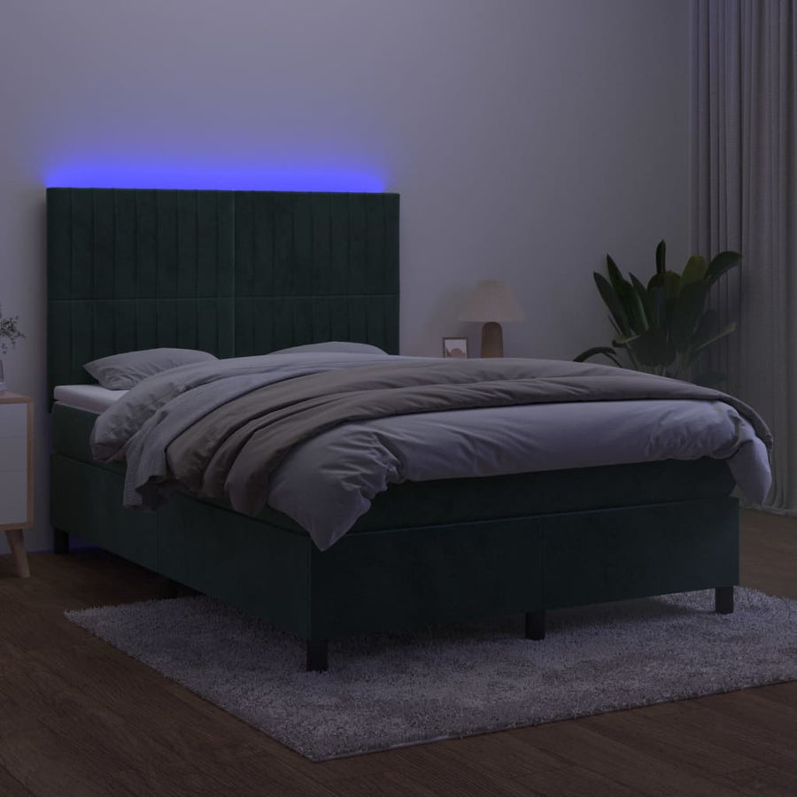 Boxspring Met Matras En Led Fluweel Donkergroen 140 x 190 cm Verticale strepen