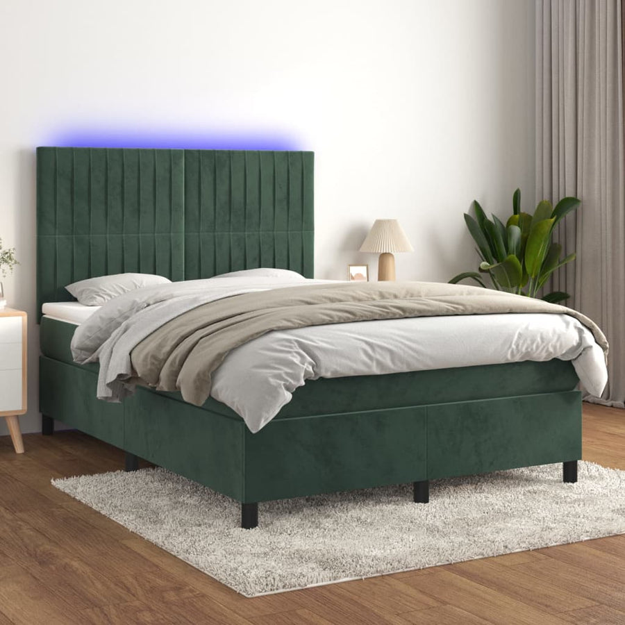 Boxspring Met Matras En Led Fluweel Donkergroen 140 x 190 cm Verticale strepen