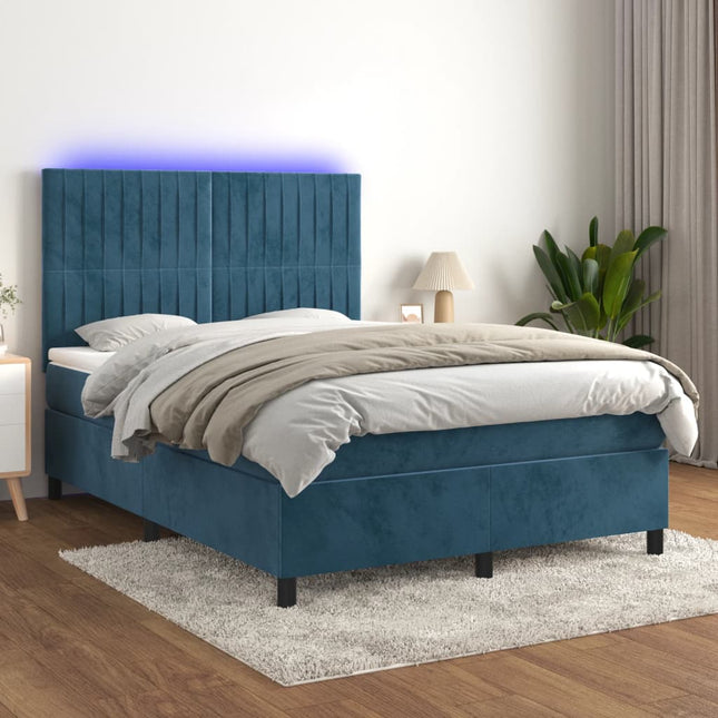 Boxspring Met Matras En Led Fluweel Donkerblauw 140 x 190 cm Verticale strepen