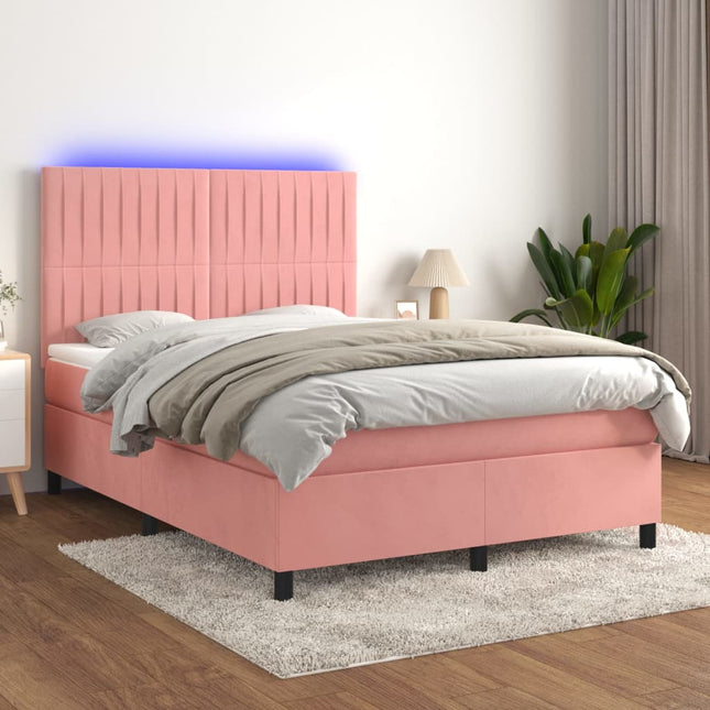 Boxspring Met Matras En Led Fluweel Roze 140 x 190 cm Verticale strepen