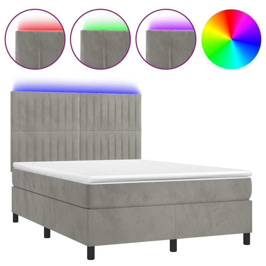 Boxspring Met Matras En Led Fluweel Lichtgrijs 140 x 200 cm Verticale strepen