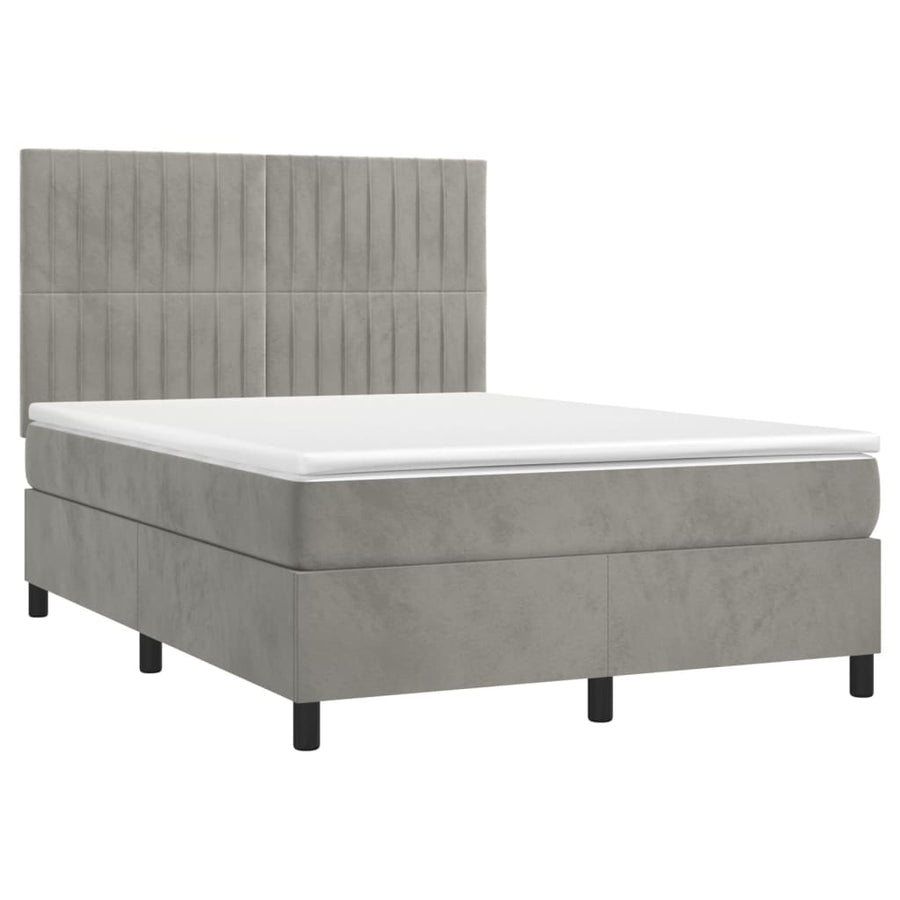 Boxspring Met Matras En Led Fluweel Lichtgrijs 140 x 200 cm Verticale strepen