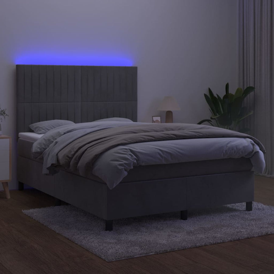 Boxspring Met Matras En Led Fluweel Lichtgrijs 140 x 200 cm Verticale strepen