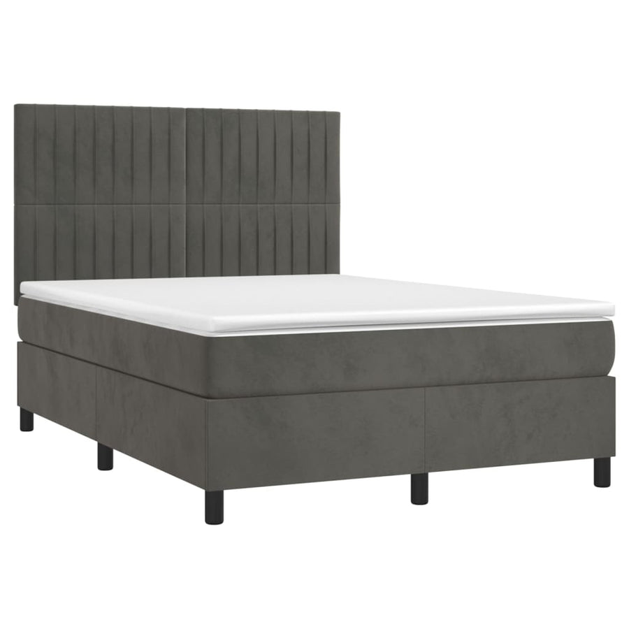 Boxspring Met Matras En Led Fluweel Donkergrijs 140 x 200 cm Verticale strepen